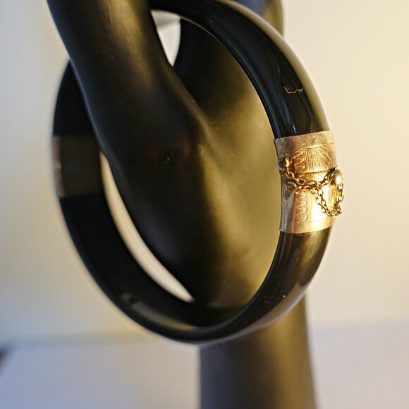Black Gemstone Sterling Silver Hinged Bangle Bracelet